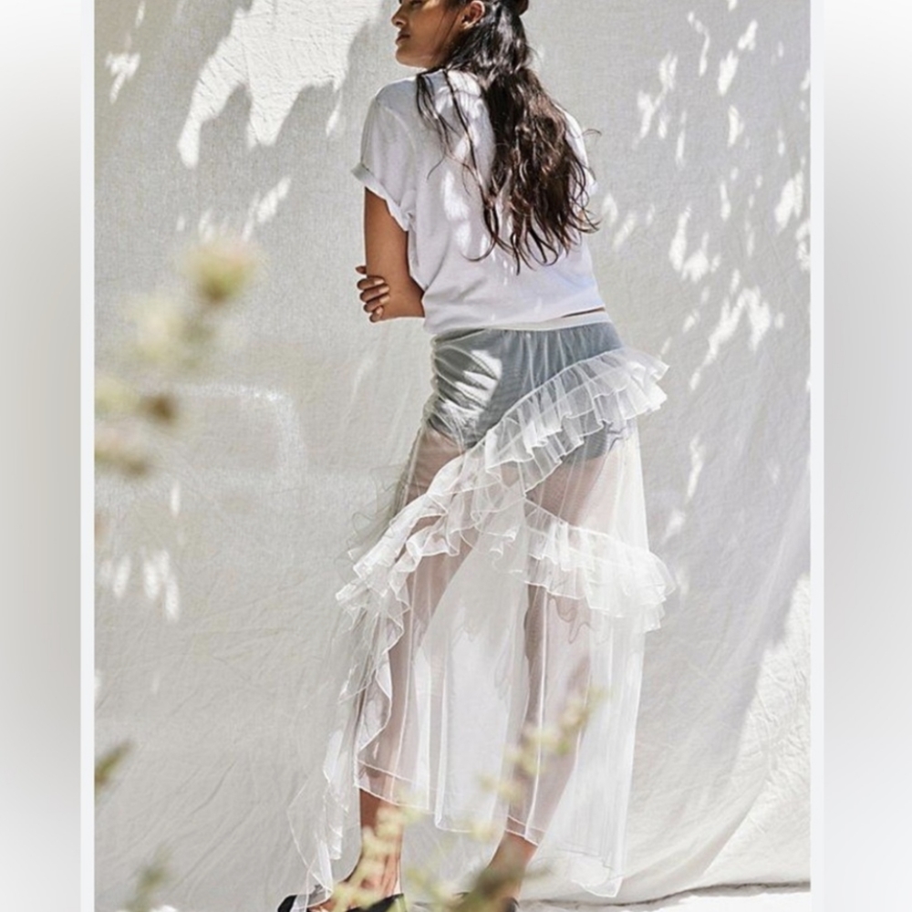 Free People White Sheer Ruffled Maxi Skirt